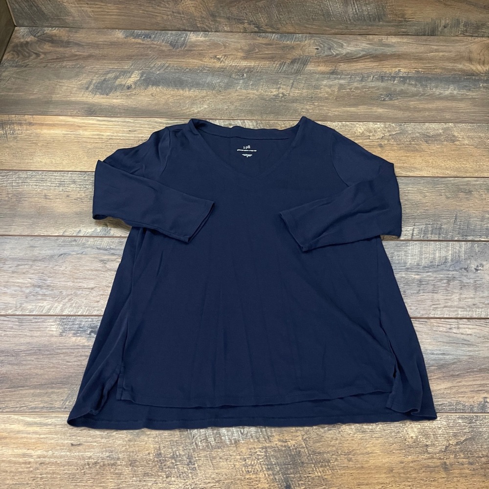 J. Jill Pima Cotton 3/4 Sleeve V-Neck Top Navy Blue Medium Minimalist Layering